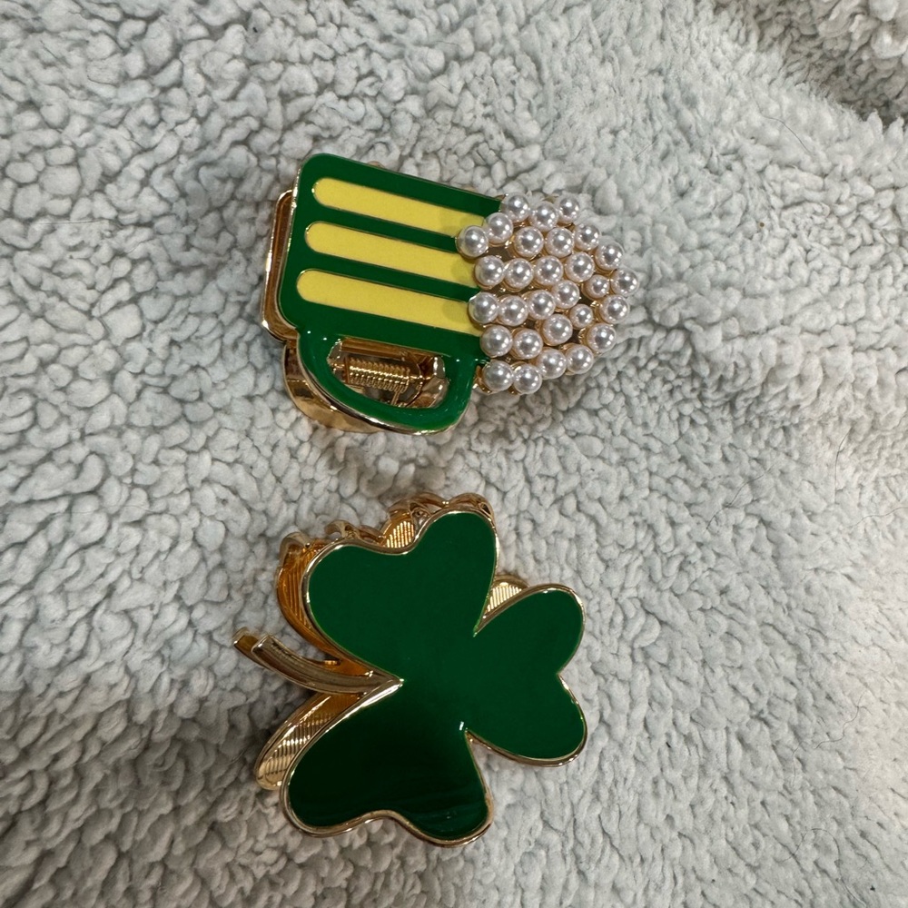 Elegant Green and Gold Hair Clips with Pearls not worn